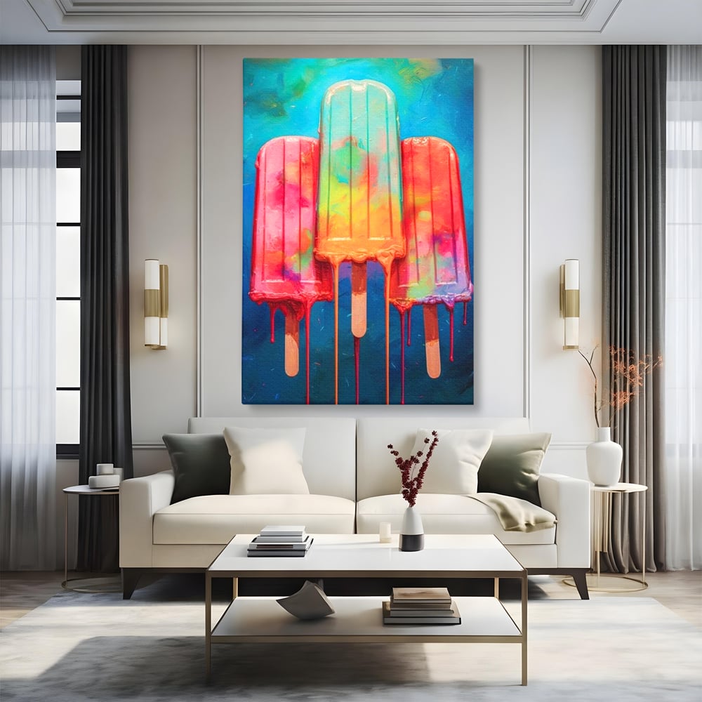 Tablou canvas cu pictura digitala cu trei inghetate pe bat colorate, fara rama, pe sasiu de lemn, pe perete intr-un living